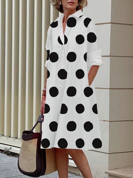 

Long sleeve Shirt Collar Polka Dots Regular Fit Dress, White, Midi Dresses