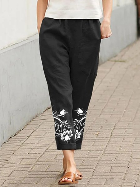 

Floral Cotton Loose Casual Pants, Black, Pants