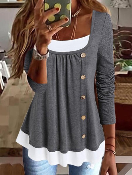 

Casual Plain Button-embellished Long-sleeve Knitted Top, Gray, Shirts & Blouses