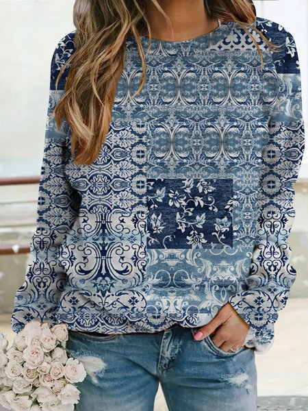 

Retro gradient pattern loose sweater plus size, Blue, Sweatshirts & Hoodies