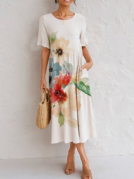 

Casual Floral Design Crew Neck Knit Dress, Off white, Dresses