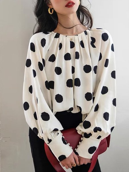 

Urban Loose Crew Neck Long Sleeve Polka Dots Top, White, Blouses and Shirts