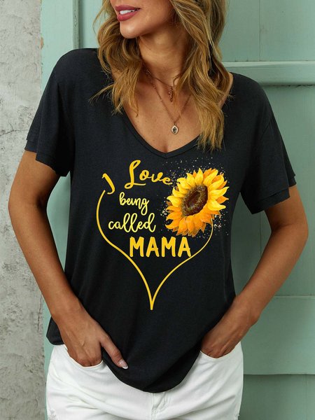 

Women Cordate Sunflower Mama Letters Casual T-Shirt, Black, T-shirts