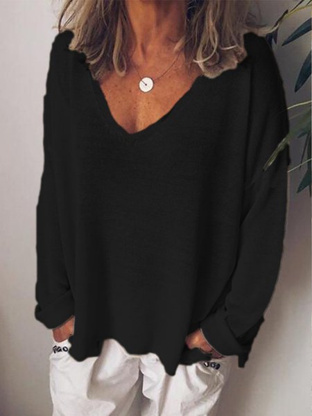 

Woman Casual V Neck Cotton-Blend Long Sleeve Tunic T-Shirt, Black, T-shirts