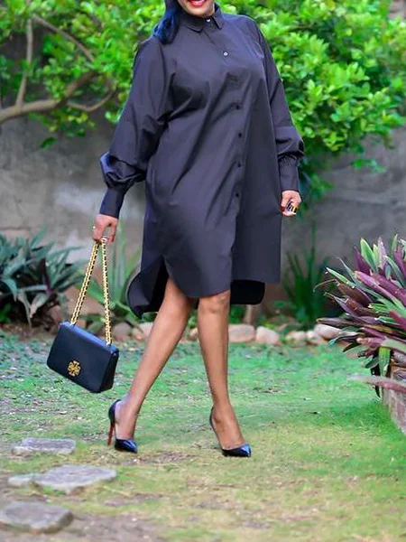 

Loose Shirt Collar Long sleeve Urban Dresses Shirt Dress, Black, Midi Dresses