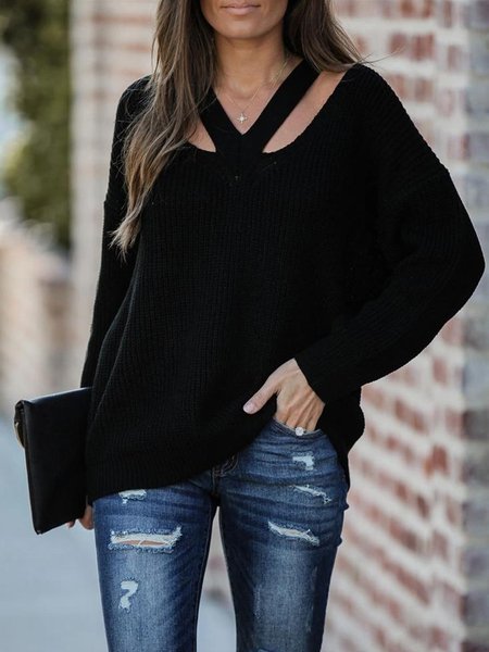 

Casual Plain Loose Long Sleeve V Neck Sweater, Black, Sweaters