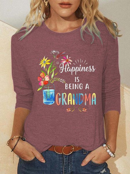 

Women Grandma Family Plant Text Letters Cotton-Blend Loose Top, Red, Long sleeves