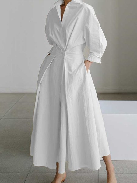 

Elegant Commuting Shirt Collar Plain Pockets Dress, White, Maxi Dresses