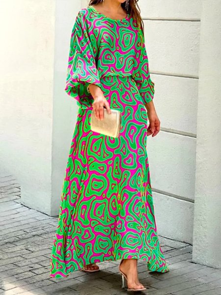 

Green Long sleeve Lantern Sleeve Regular Fit Vacation Dress, Maxi Dresses