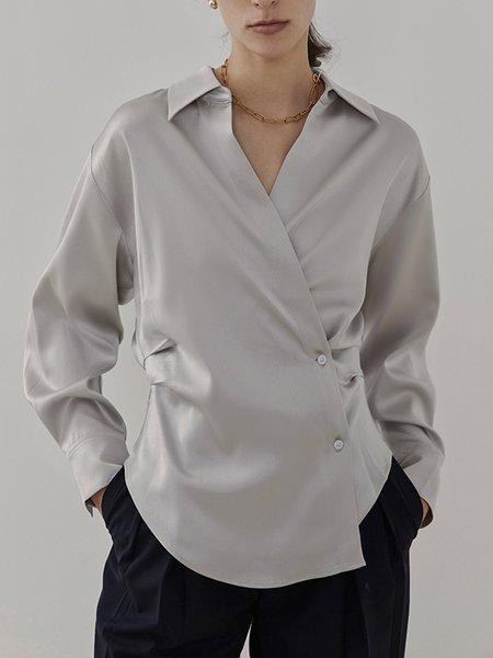 

Long Sleeve Plain Shirt Collar Simple Blouse, Gray, Blouses and Shirts