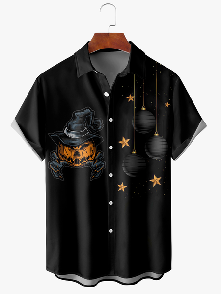 

Men's Halloween Skull Print Moisture Wicking Fabric Fashion Lapel Short Sleeve Shirts, Black, Short Sleeve Shirts
