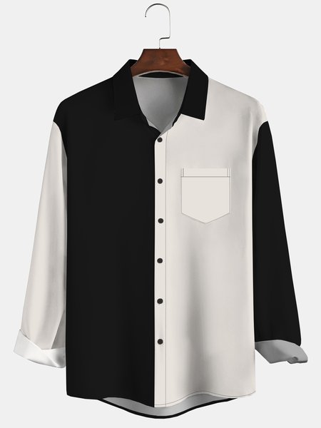 

Men's Art Colorblock Casual Long Sleeve Hawaiian Shirt with Chest Pocket, Black-white, Long Sleeve Shirts