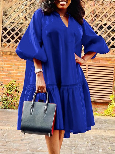 

V Neck Urban Lantern Sleeve Plain Midi Dress, Blue, Mini Dresses