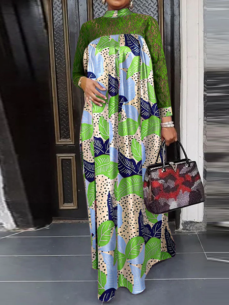 

Stand Collar Long sleeve Loose Elegant A-Line Dresses, Green, Maxi Dresses