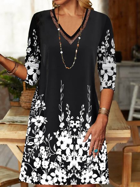

Casual V Neck Floral Dress, Black, Dresses