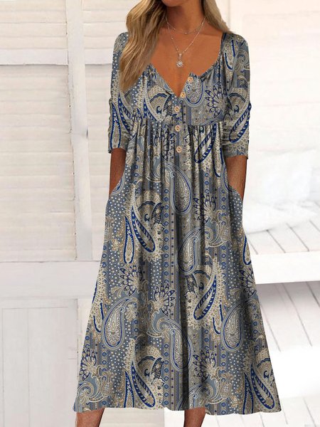 

Retro Paisley half open button loose midi Dress, Blue, Dresses