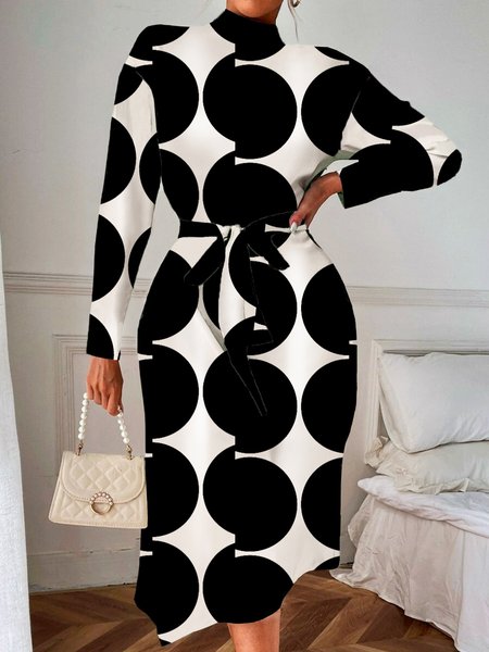 

Midi Long sleeve Elegant Regular Fit Polka Dots Dress, Black, Midi Dresses