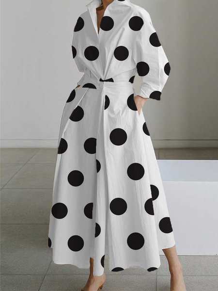 

Elegant Shirt Collar Polka Dots Pockets Midi Dress, White, Maxi Dresses