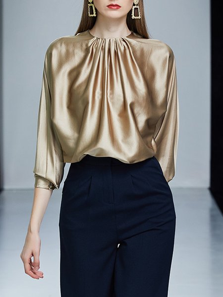 

Long Sleeve Crew Neck Plain Elegant Top, Champagne, Blouses and Shirts