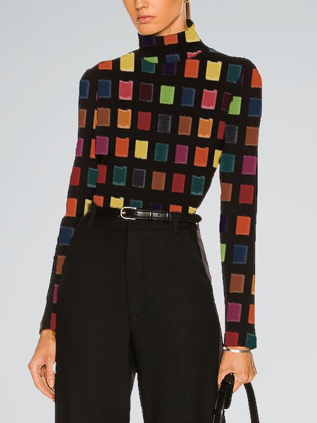 

Simple Long Sleeve Tight Plaid T-Shirt, Multicolor, Tees