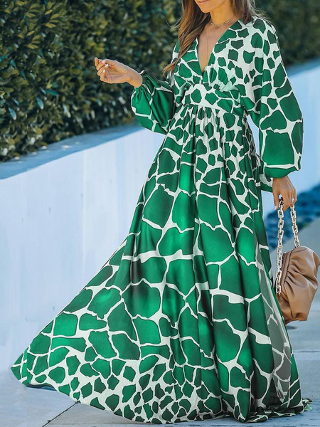 

Green Loose V neck Long sleeve X-Line Geometric Loose Dress, Maxi Dresses