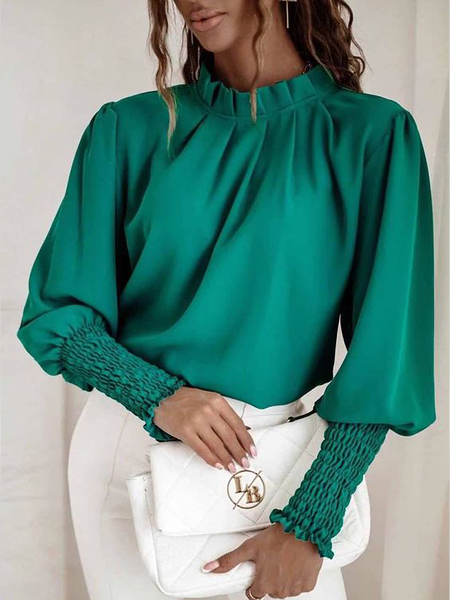 

Loose Lotus Leaf Collar Long sleeve Urban Plain Tops, Green, Blouses and Shirts