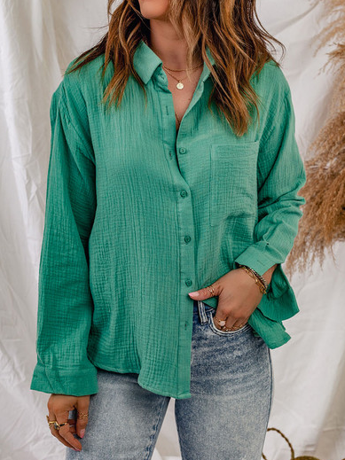 

Casual Shirt Collar Cotton-Blend Blouse, Green, Shirts & Blouses
