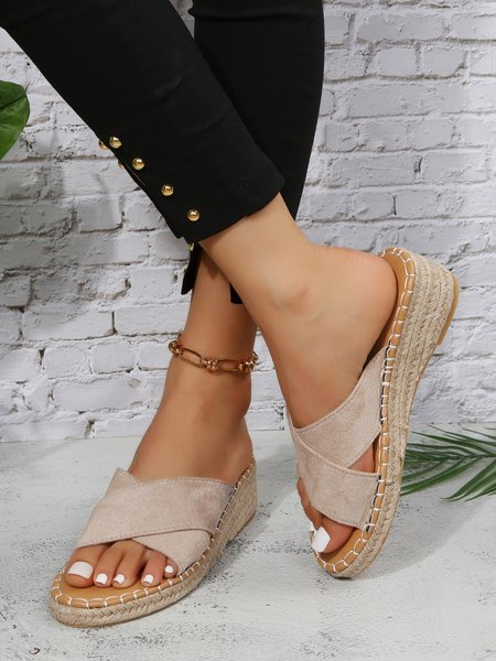 

Faux Suede Cross Strap Straw Wedge Slides, Beige, Sandals & Slippers