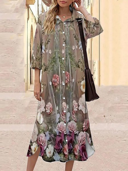 

Casual Loose Shirt Collar Floral Dresses, Multicolor, Dresses