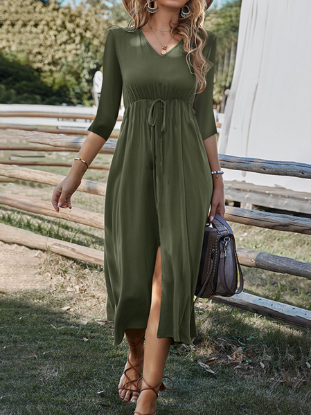 

Casual Plain Drawstring Waist V-Neck Knit Dress, Army green, Midi Dresses