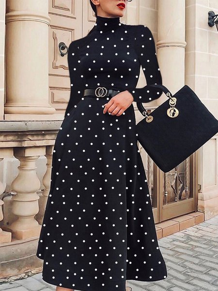 

Regular Fit Elegant Polka Dots Long Sleeve Midi Dress, Black-white, Maxi Dresses