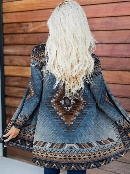 

Women Ethnic Autumn Ethnic Natural Daily Loose Jersey Long sleeve Mid-long Coat, Blue, Outerwear