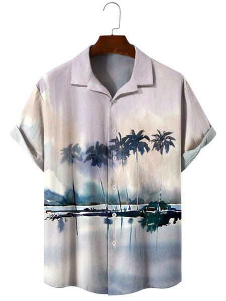 

Cotton Linen Style American Botanical Floral Coconut Tree Print Linen Shirt, As picture, Men's Floral shirt