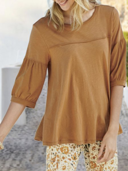 

Crew Neck Casual Plain T-Shirt, Khaki, Tunics
