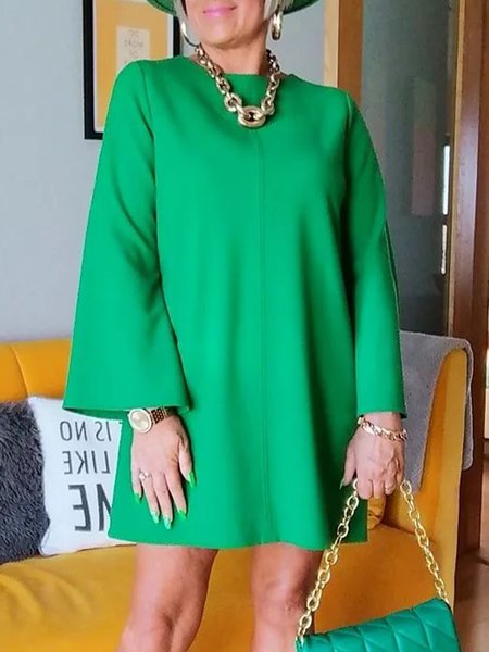 

Crew Neck Loose Simple Long Sleeve Plain Dress, Green, Mini Dresses