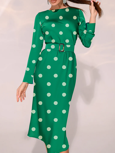 

Green Polka Dots Regular Fit Crew Neck Long sleeve Dresses, Midi Dresses