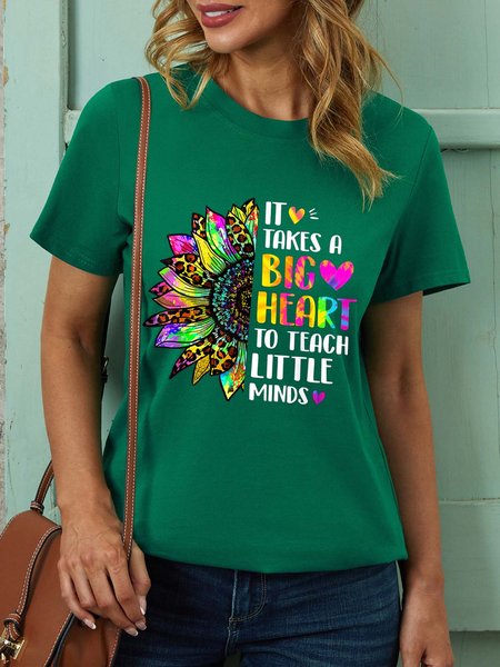 Women Big heart Little Minds Text Letters Crew Neck Casual T-Shirt, Green, T-shirts