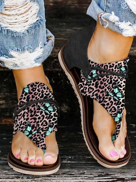 

Leopard Print Butterfly Casual Thong Sandals, As picture, Sandals