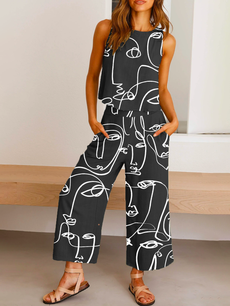 

Abstract Printed Casual Two-Piece Set, Black, Suit Set