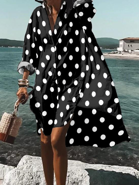 

Loose Long sleeve Shirt Collar Vacation Polka Dots Shirt Collar Dresses, Black, Mini Dresses