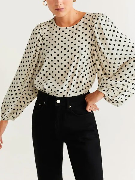 

Lantern Sleeve Polka Dots Elegant Top, Beige, Blouses and Shirts