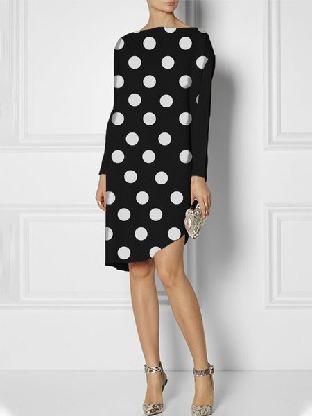 

Urban Long Sleeve Polka Dots Boat Neck Knee Dress, Black-white, Midi Dresses