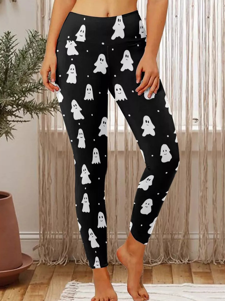 

Women Skull And Bones Ghost Print Simple Halloween Leggings, Black, Leggings