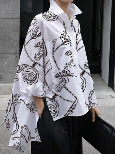 

Casual Loose Shirt Collar Floral Printed Blouse, White, Blouses and Shirts
