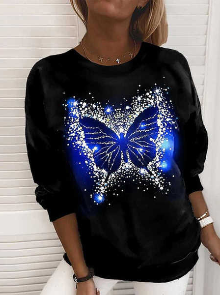 

Loose Crew Neck Butterfly Sweatshirts, Black, Sweatshirts & Hoodies