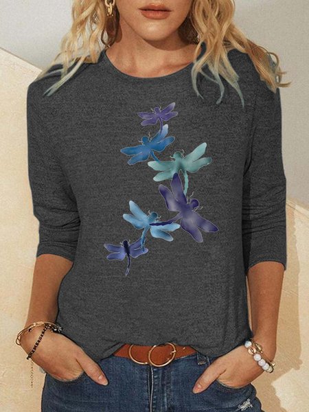 

Women's Dragonfly Colorful Cotton-Blend Casual Long Sleeve Top, Gray, Long sleeves
