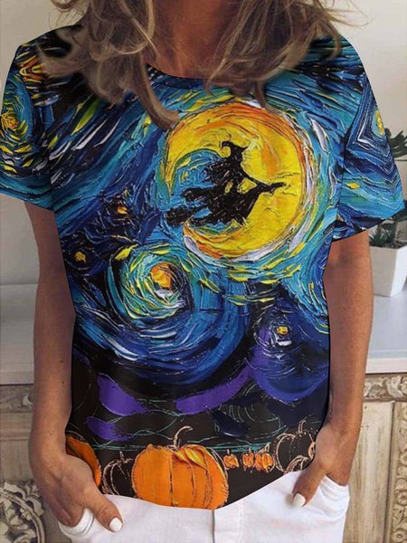 

Women's Halloween Funny Painting Witch Pumpkin Starry Night Loose Simple T-shirt, As picture, T-shirts