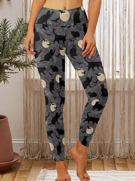 

Women Pumpkin Black Cat Halloween Print Simple Leggings, Leggings