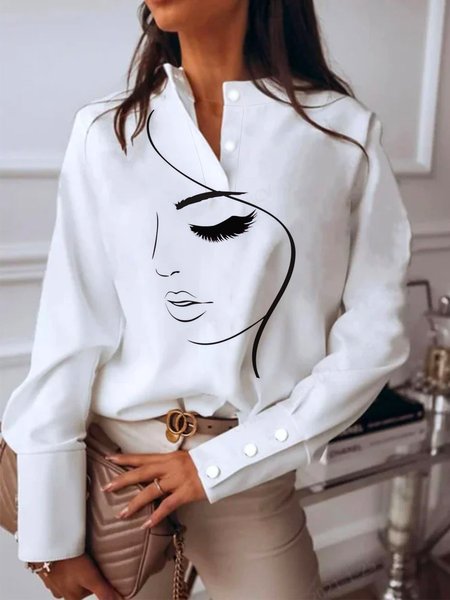 

Long sleeve Half Open Collar Painting Urban Top, White, Blouses and Shirts