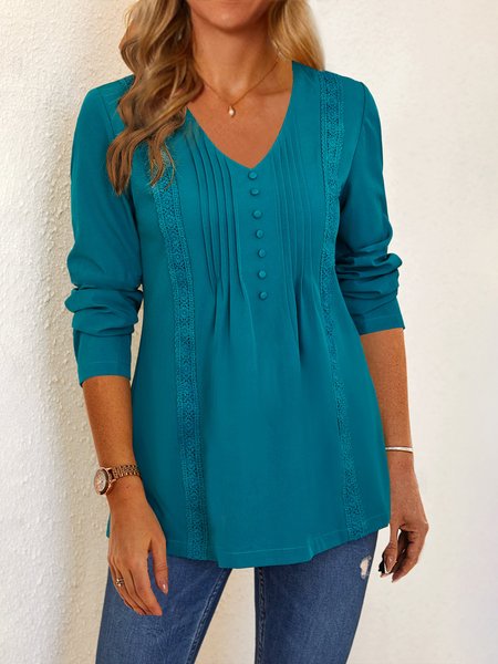 

Casual Plain Lace Panel Design Knit Long Sleeve Top, Blue, Shirts & Blouses